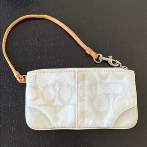 Coach Small Signature Canvas Wristlet in Off-White with Tan Strap